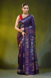 Deep violet silk kantha stitch saree with floral swan design 1
