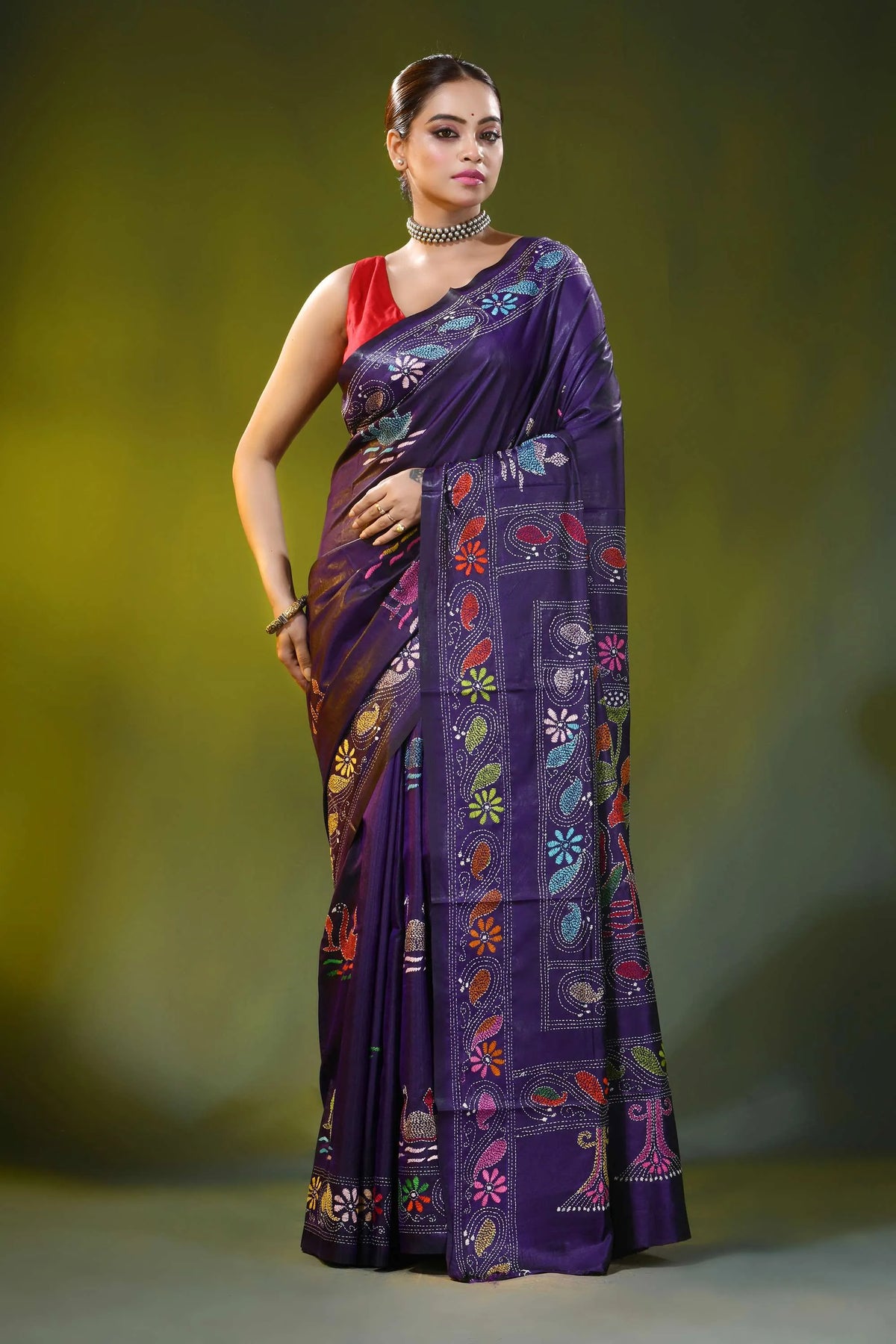Deep violet silk kantha stitch saree with floral swan design 6
