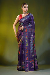 Deep violet silk kantha stitch saree with floral swan design 6