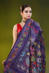 Deep violet silk kantha stitch saree with floral swan design 2