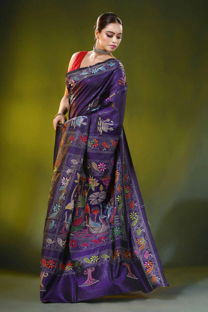 Deep violet silk kantha stitch saree with floral swan design 4