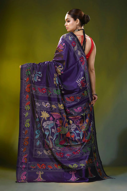 Deep violet silk kantha stitch saree with floral swan design 5