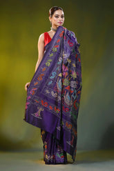 Deep violet silk kantha stitch saree with floral swan design 7