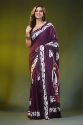 Deep wine handcrafted silk kantha stitch saree with swan nature motif 1