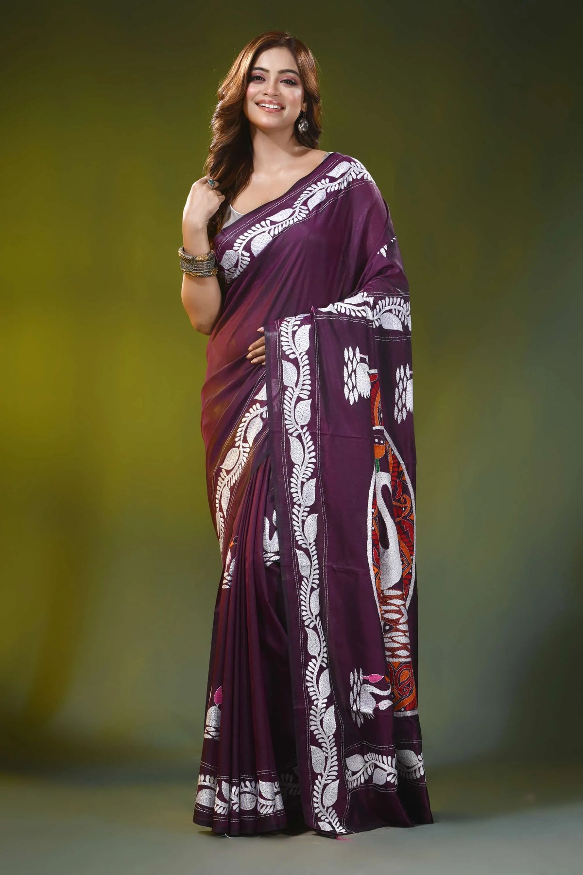 Deep wine handcrafted silk kantha stitch saree with swan nature motif 1