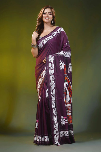 Deep wine handcrafted silk kantha stitch saree with swan nature motif 1