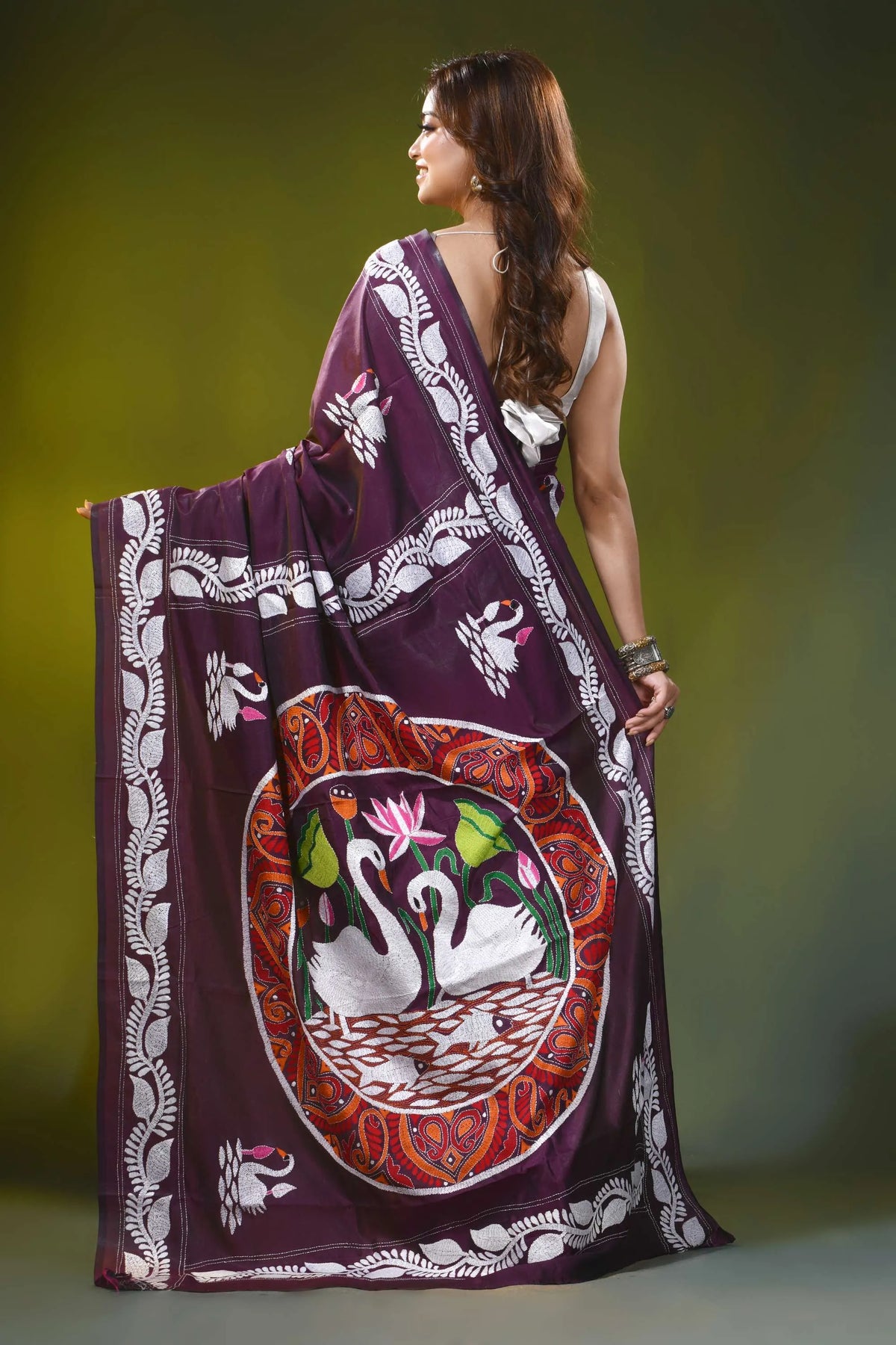 Deep wine handcrafted silk kantha stitch saree with swan nature motif 5