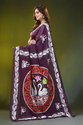 Deep wine handcrafted silk kantha stitch saree with swan nature motif 3