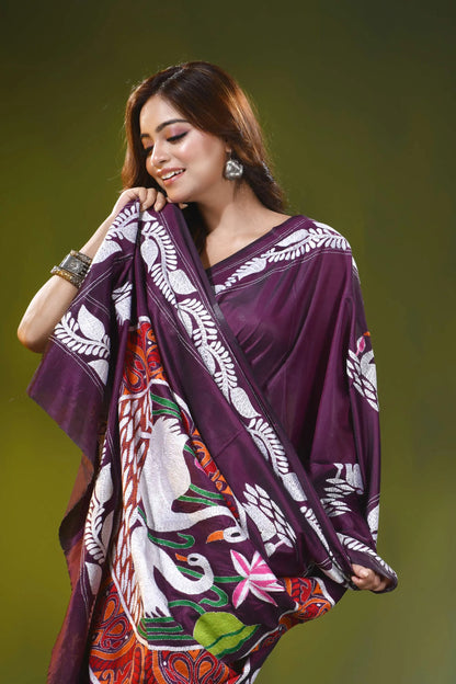 Deep wine handcrafted silk kantha stitch saree with swan nature motif 2