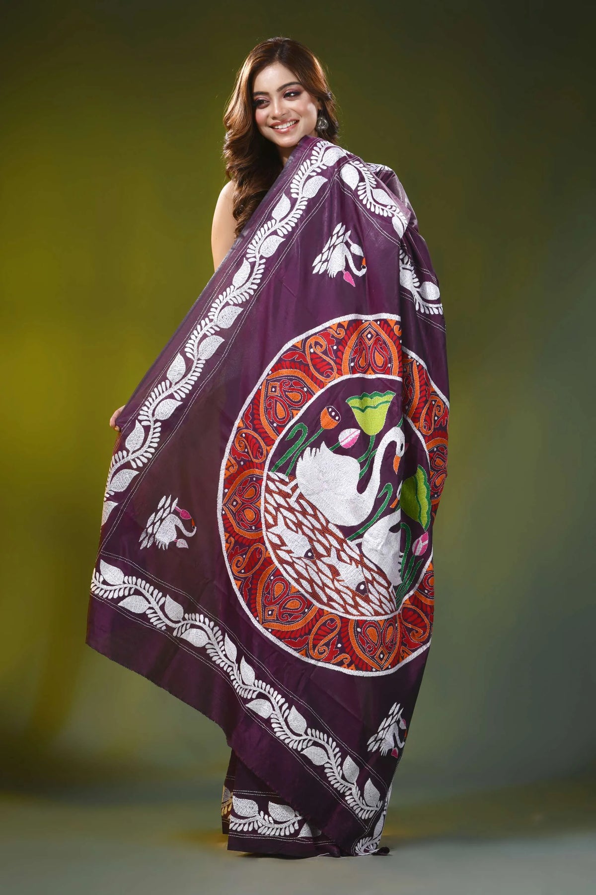 Deep wine handcrafted silk kantha stitch saree with swan nature motif 4
