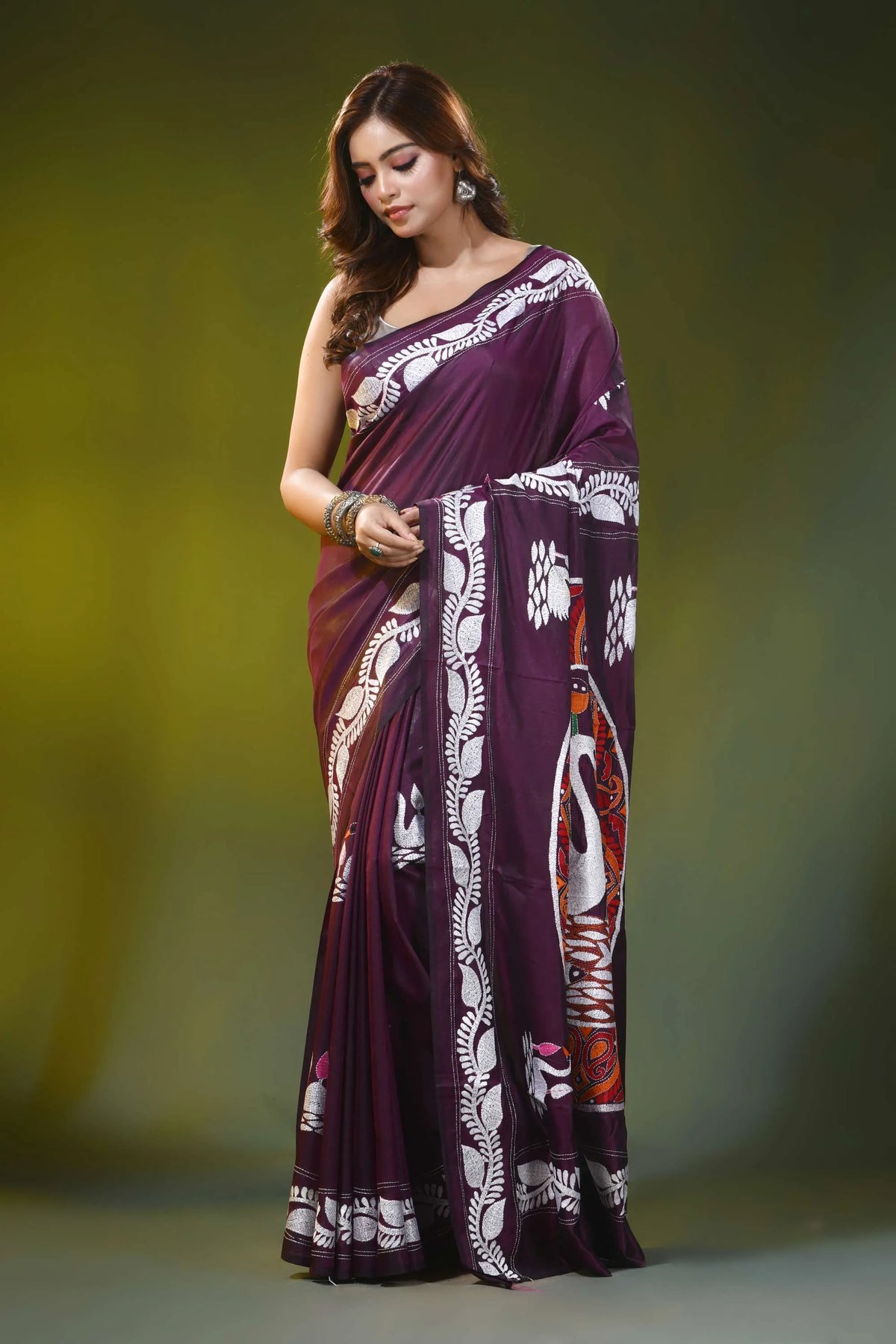 Deep wine handcrafted silk kantha stitch saree with swan nature motif 6