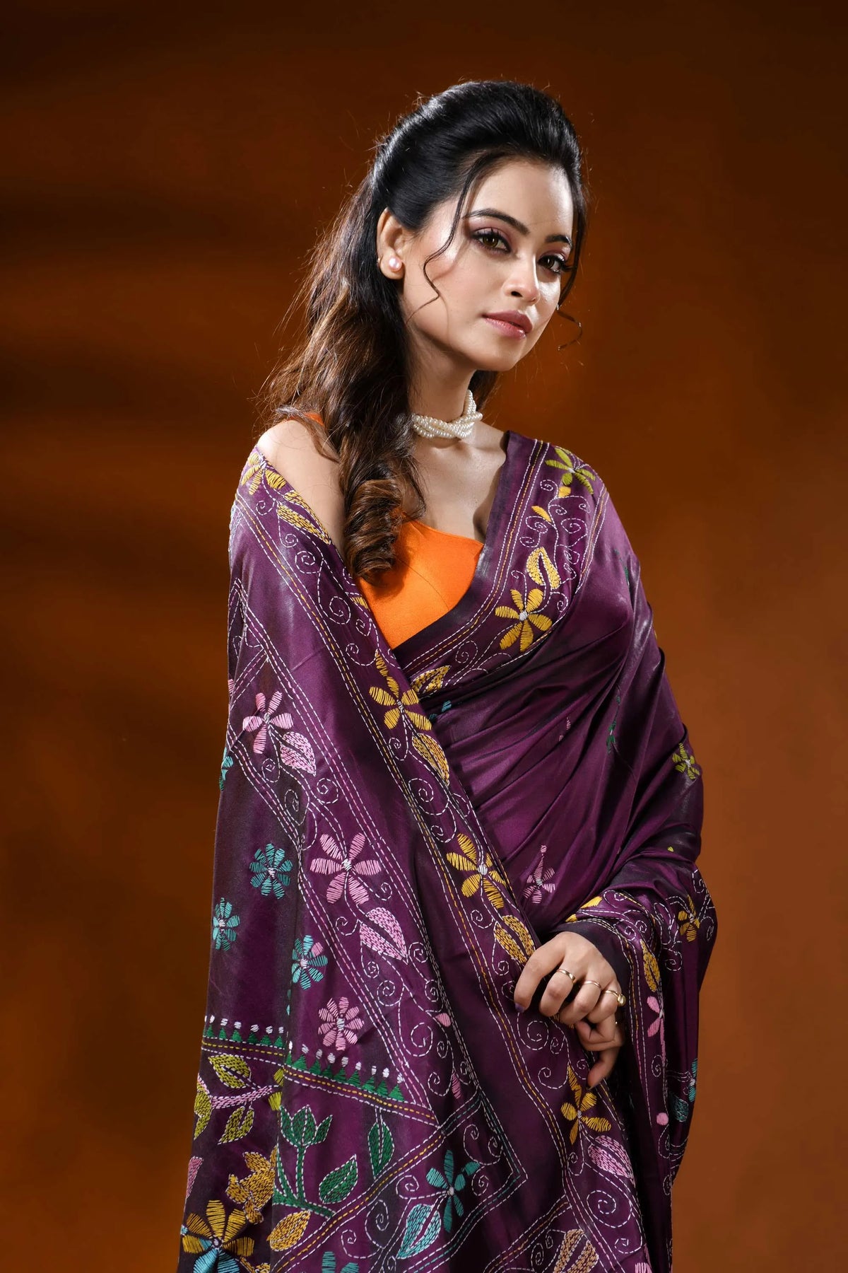 Deep wine silk kantha stitch saree with multicolor floral design 2