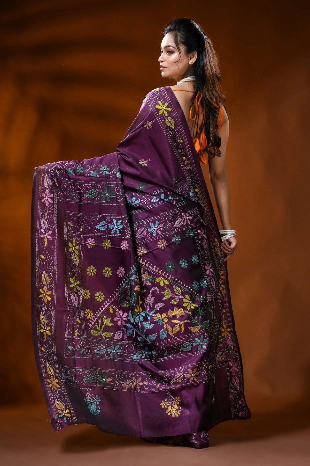 Deep wine silk kantha stitch saree with multicolor floral design 5