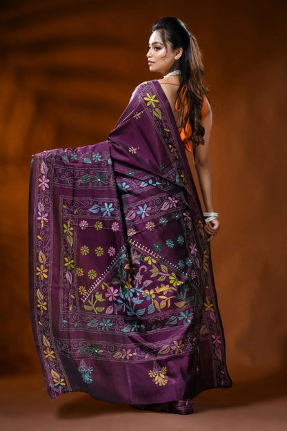 Deep wine silk kantha stitch saree with multicolor floral design 5