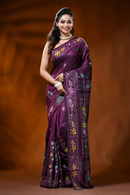 Deep wine silk kantha stitch saree with multicolor floral design 6