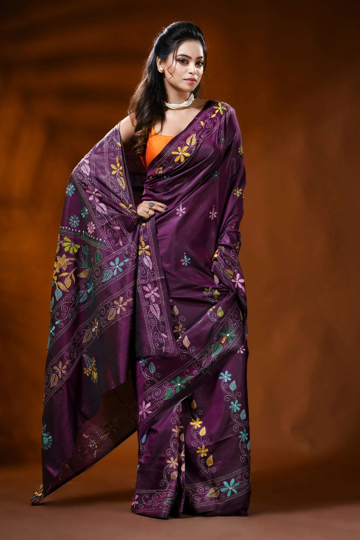 Deep wine silk kantha stitch saree with multicolor floral design 4