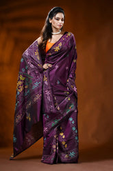 Deep wine silk kantha stitch saree with multicolor floral design 4