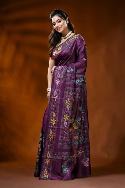 Deep wine silk kantha stitch saree with multicolor floral design 3