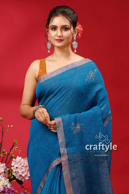 Denim blue copper zari intricate linen jamdani saree blue saree silver border 2