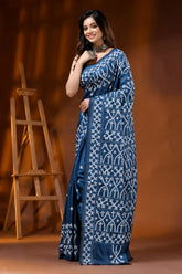 Denim blue ethnic silk gujarati stitch saree - hand embroidered 3