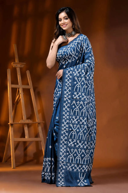 Denim blue ethnic silk gujarati stitch saree - hand embroidered 3