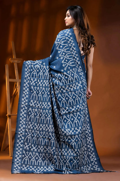 Denim blue ethnic silk gujarati stitch saree - hand embroidered 5