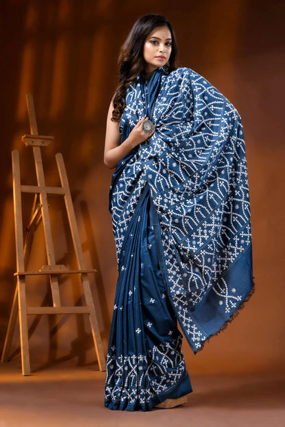 Denim blue ethnic silk gujarati stitch saree - hand embroidered 4