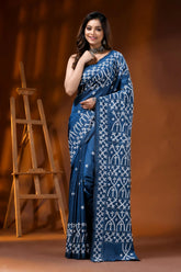 Denim blue ethnic silk gujarati stitch saree - hand embroidered 6