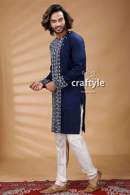 Denim blue hand embroidered kantha stitch mens kurta navy white patterned 3