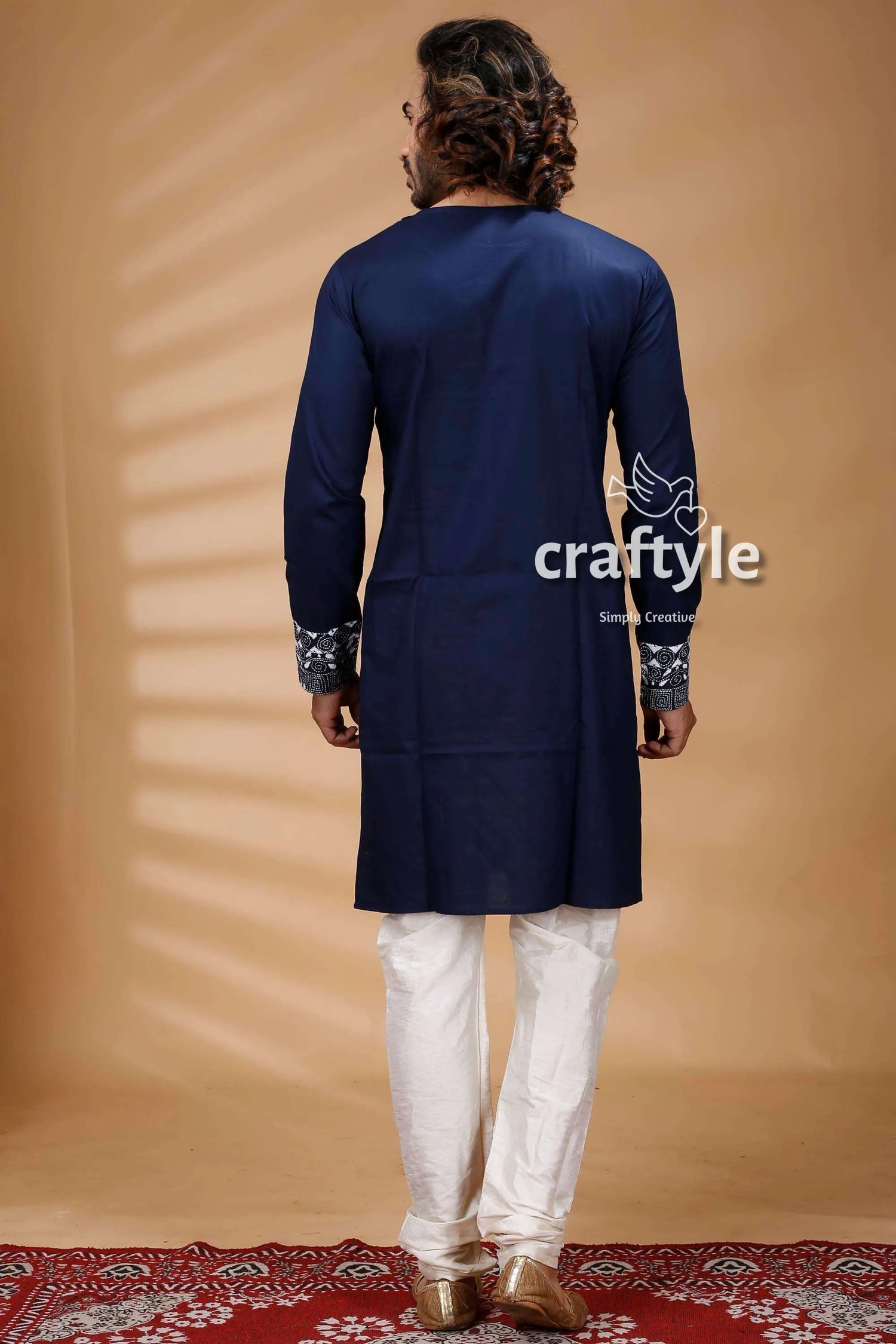 Denim blue hand embroidered kantha stitch mens kurta navy cotton intricate 4