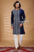 Denim blue hand embroidered kantha stitch mens kurta navy intricate white 1