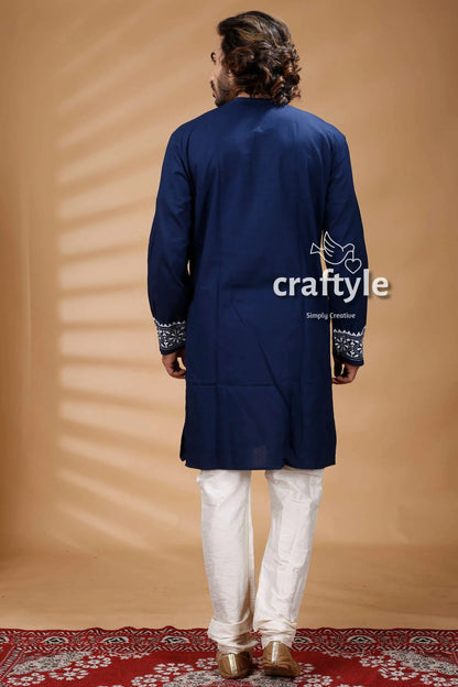Denim blue hand embroidered kantha stitch mens kurta navy white 4