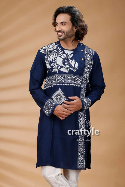 Denim blue hand embroidered kantha stitch mens kurta navy white 2