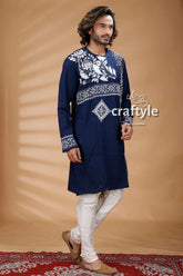 Denim blue hand embroidered kantha stitch mens kurta navy white 3