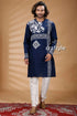 Denim blue hand embroidered kantha stitch mens kurta navy white 1