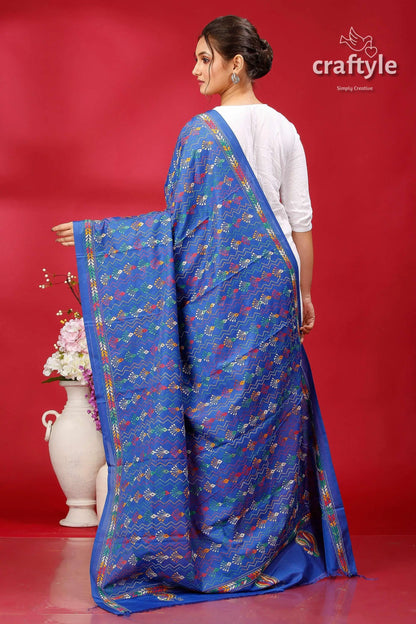 Denim blue handcrafted multithread kantha stitch silk dupatta royal blue saree floral pattern 3
