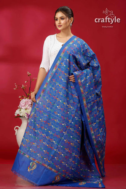 Denim blue handcrafted multithread kantha stitch silk dupatta royal blue saree intricate floral 4