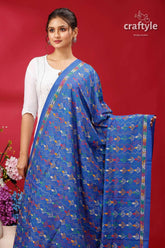 Denim blue handcrafted multithread kantha stitch silk dupatta blue saree colorful fish geometric 2