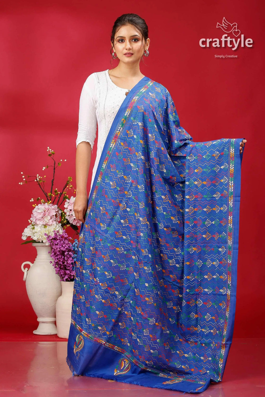 Denim blue handcrafted multithread kantha stitch silk dupatta royal blue saree colorful floral 1
