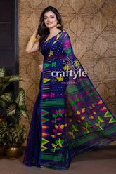 Denim Blue Handloom Dhakai Jamdani Saree - Craftyle