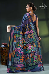 Denim blue multicolor hand embroidered silk kantha stitch saree blue green floral saree intricate 5