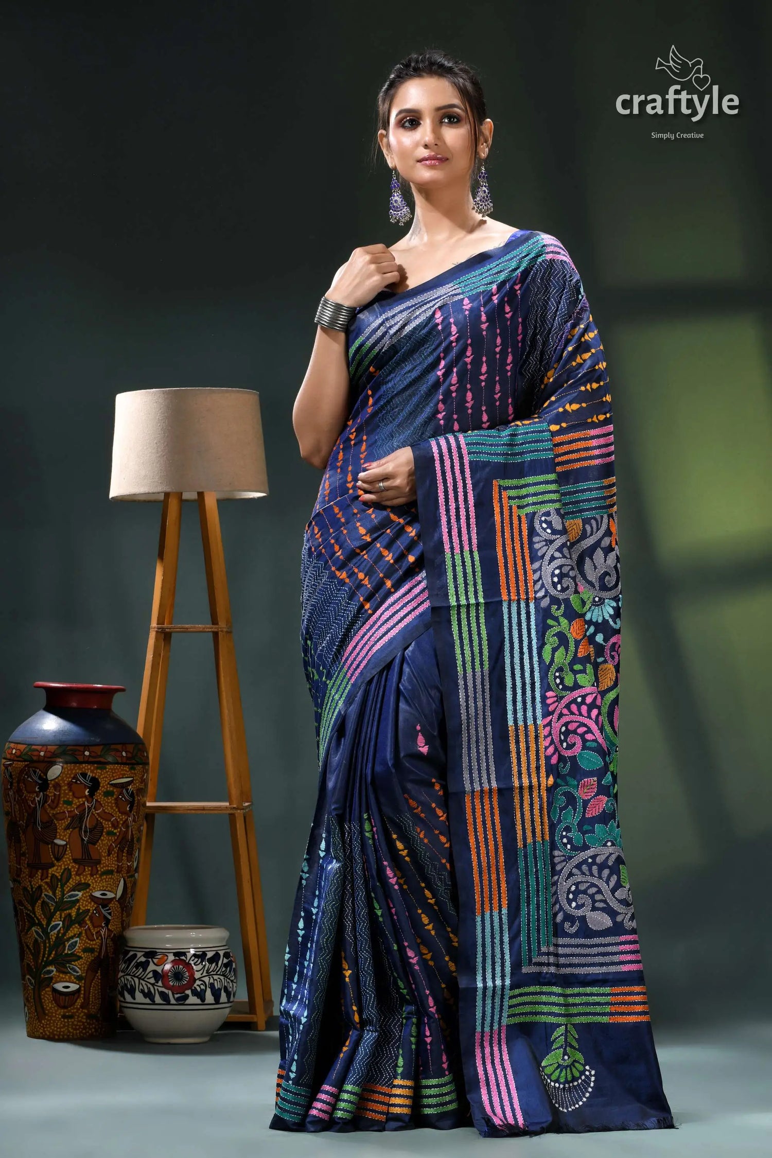 Denim blue multicolor hand embroidered silk kantha stitch saree navy blue saree colorful border 6