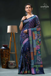 Denim blue multicolor hand embroidered silk kantha stitch saree navy blue saree colorful border 6