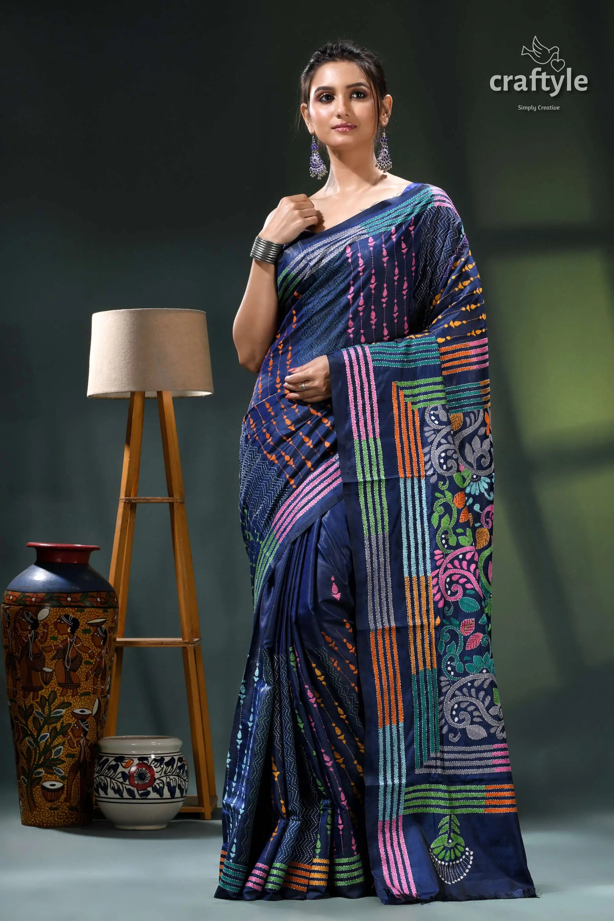 Denim blue multicolor hand embroidered silk kantha stitch saree navy blue saree colorful border 6