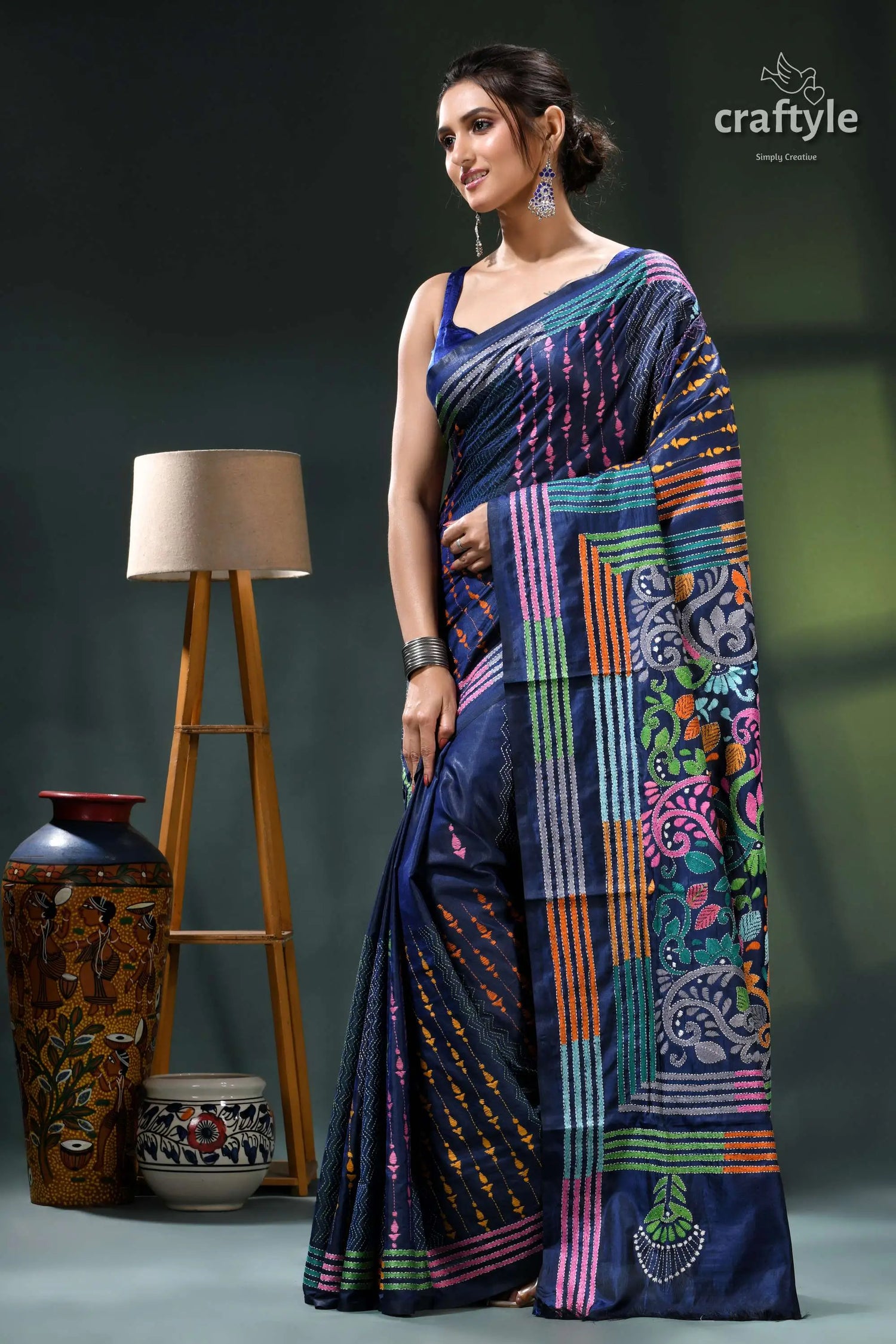 Denim blue multicolor hand embroidered silk kantha stitch saree blue purple saree intricate designs 3