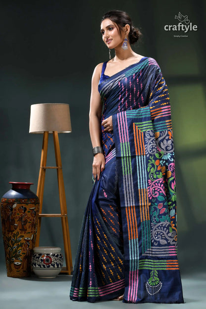 Denim blue multicolor hand embroidered silk kantha stitch saree blue purple saree intricate designs 3