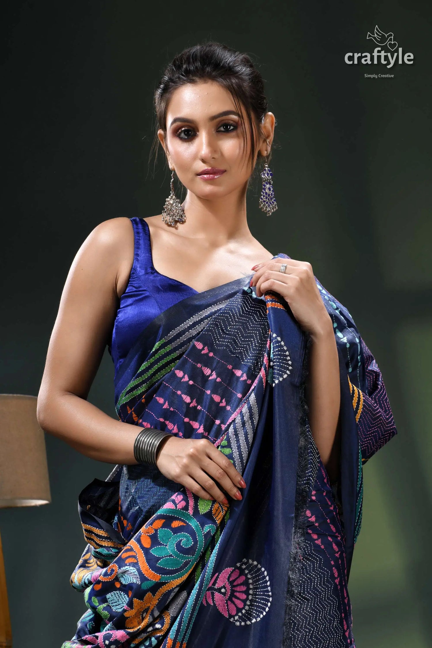 Denim blue multicolor hand embroidered silk kantha stitch saree blue sari floral pattern silver 2