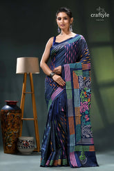 Denim blue multicolor hand embroidered silk kantha stitch saree navy blue saree colorful floral 1