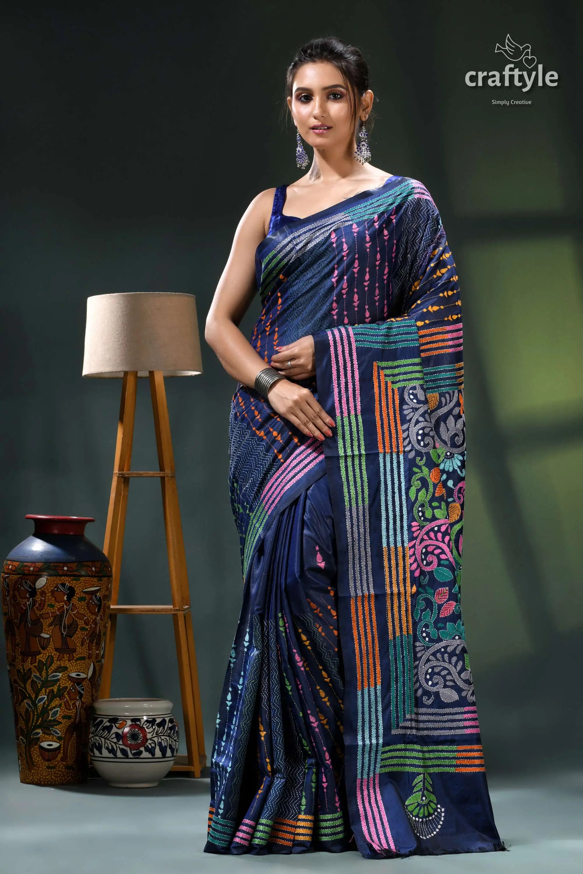 Denim blue multicolor hand embroidered silk kantha stitch saree navy blue saree colorful floral 1