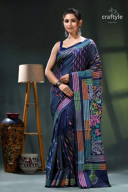 Denim blue multicolor hand embroidered silk kantha stitch saree navy blue saree colorful floral 1
